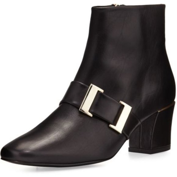 SALE! ✅ DELMAN Black Calfskin Leather Ankle Boot Gold Strap Buckle 9M ✨NEW - Picture 2 of 16